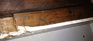 Blue grease pencil marks in 1923 Sears house basement Sears Uriel--construction marks